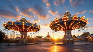 Sunset at amusement park with illuminated carousels photo