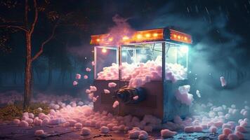 Surreal popcorn machine overflowing in the rain. photo