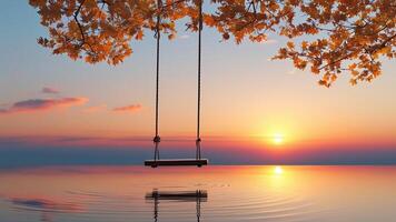 Swing at sunset reflecting in calm water photo