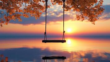 Tranquil sunset scene with a swing over calm water. photo