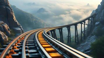 Train tracks curving high above a misty mountain valley. photo
