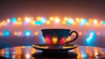 Teacup on saucer with bokeh lights background photo