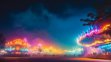 Vibrant lights and fog at a night fairground. photo