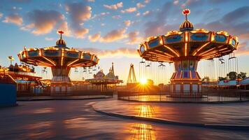 Two illuminated carousels at sunset in an amusement park. photo