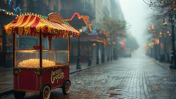 Vintage popcorn cart on a misty city street. photo