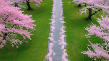 Aerial view of cherry blossom pathway photo