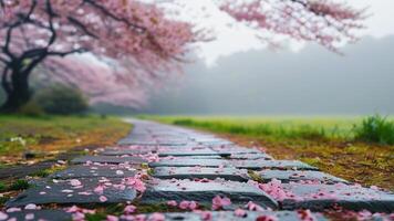 Cherry blossom petals on a path photo