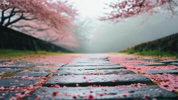 Cherry blossom petals on path photo