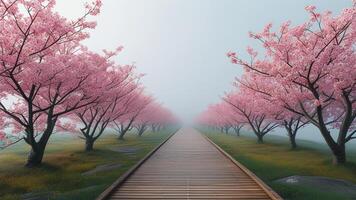 Cherry blossom path in mist photo