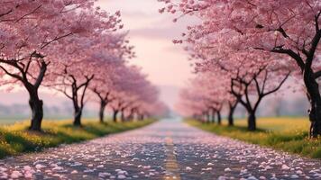 Cherry blossom trees lining a road photo