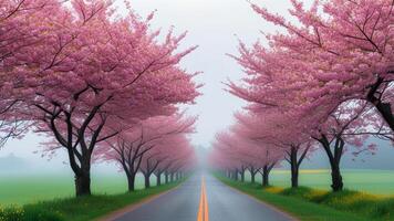 Cherry blossom trees lining a road photo