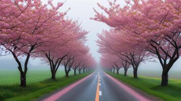 Cherry blossom trees lining a road in the mist photo