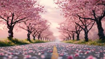 Cherry blossom trees lining a road photo