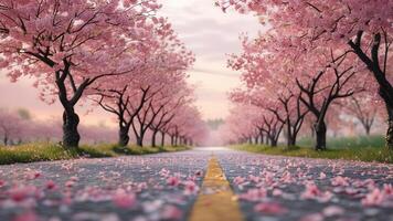 Cherry blossom trees lining a road photo