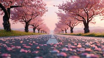 Cherry blossom trees lining a road photo