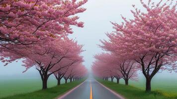 Cherry blossom trees lining a road photo