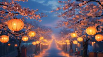 Cherry blossom path with lanterns at night photo