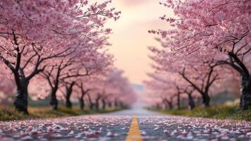 Cherry blossom trees lining a road photo