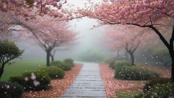 Cherry blossom pathway in mist photo