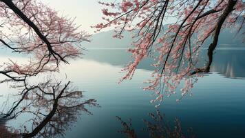 Cherry blossoms reflected in calm lake water photo