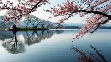 Cherry blossoms reflected in calm lake photo