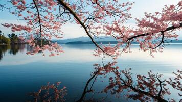 Cherry blossoms reflected in calm lake water photo