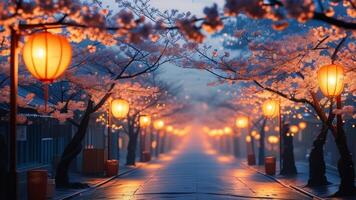 Cherry blossom street at night photo