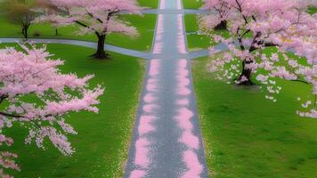 Cherry blossom petals on pathway photo