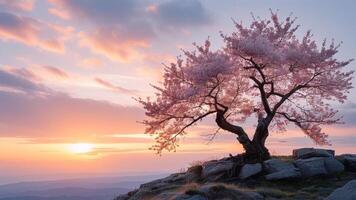 Cherry blossom tree at sunset photo