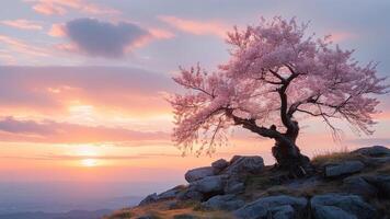 Cherry blossom tree at sunset photo