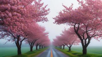 Misty road lined with cherry blossom trees photo