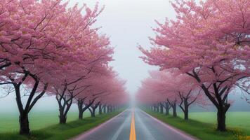 Misty road lined with cherry blossoms photo