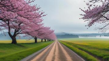 Cherry blossom trees line a country road. photo
