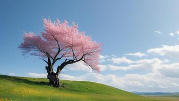 Pink cherry blossom tree on a hill photo