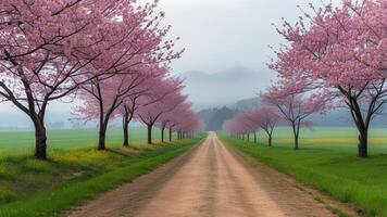 Cherry blossom trees line a country road. photo