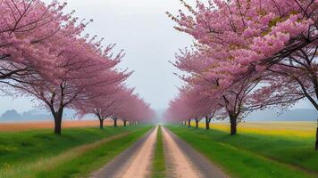Cherry blossom trees lining a country road photo
