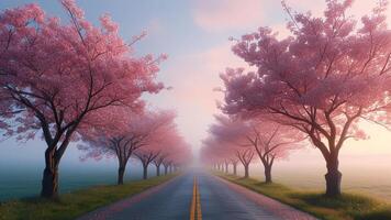 Road through cherry blossom trees photo