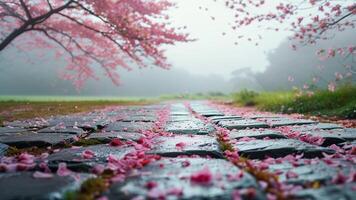 Rainy spring day, cherry blossoms falling photo