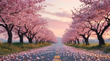 Scenic road lined with cherry blossom trees photo
