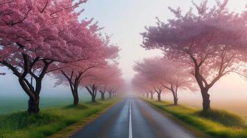 Scenic road lined with cherry blossom trees photo