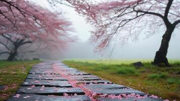 Rainy day in cherry blossom park photo