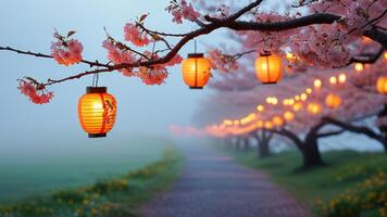 Cherry blossoms and lanterns at night photo