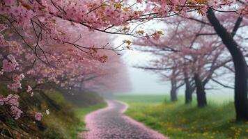 Cherry blossom path in spring mist photo