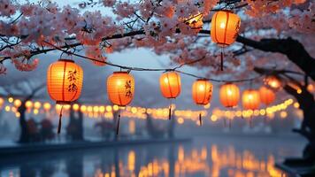 Cherry blossoms and lanterns at night photo