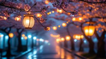 Cherry blossoms at night with lights photo