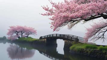Cherry blossoms bridge reflection photo