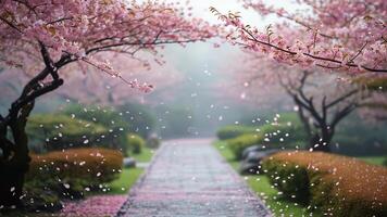 Cherry blossoms falling on a rainy day photo