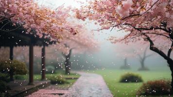 Cherry blossoms falling on a misty path photo