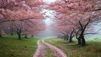 Cherry blossom path in spring mist photo