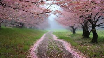 Cherry blossom path in spring mist photo